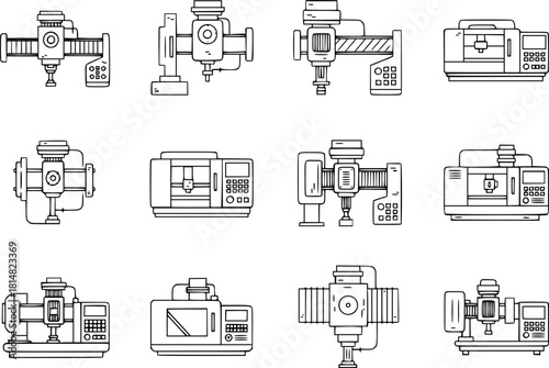 Cnc machine icons set outline vector. Mill controller. Industrial tool

