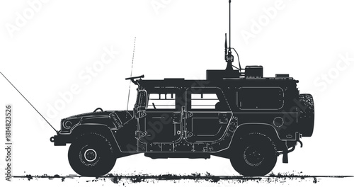Silhouette vector illustration of a military Humvee vehicle featuring communication equipment, suitable for defense and tactical design projects