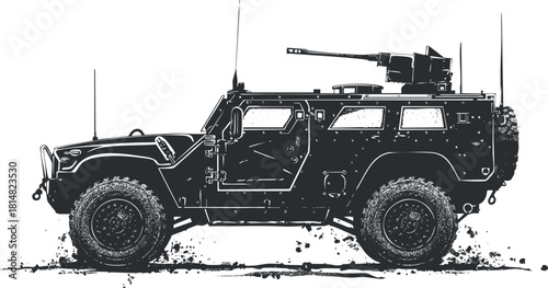 Stylized black and white vector illustration of an armored military vehicle with a mounted turret for defense applications