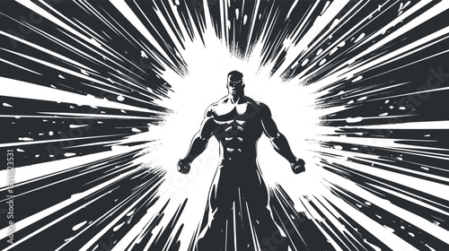 Dynamic black and white vector illustration of a powerful figure radiating energy in an explosive background for comic or action themes