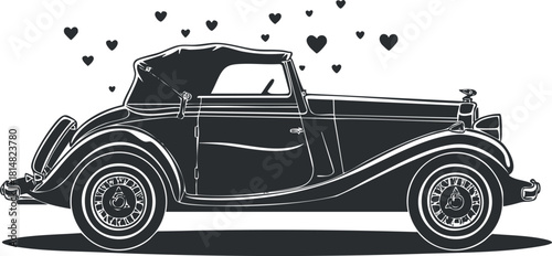 Vintage convertible car vector illustration adorned with hearts, perfect for romantic themes and wedding designs
