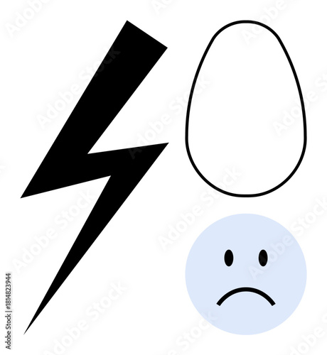 Emotional ation. Lightning, egg shape, and sad face symbolize shock, fragility, and sadness. Emotional representation for mental health, stress, vulnerability shock and anxiety