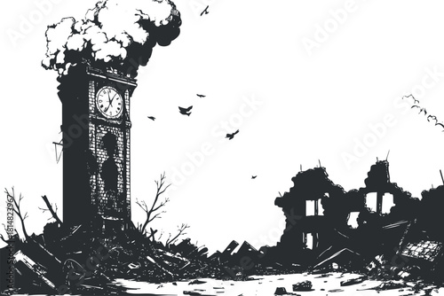 Dramatic black and white vector illustration of a destroyed clock tower amidst ruins, perfect for apocalyptic themes and design projects