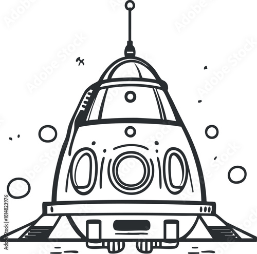 Playful line art vector illustration of a rocket ship designed for children's themes, educational projects, and space exploration concepts