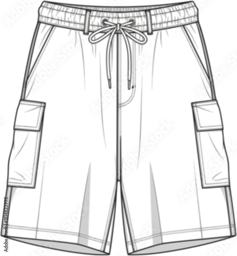 mens wide leg baggy bermuda shorts fashion flat sketch vector illustration technical cad drawing template
