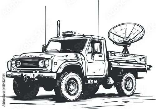 Detailed black and white vector illustration of a rugged pickup truck equipped with a satellite dish for communication and monitoring.