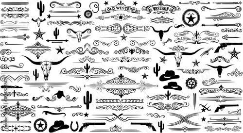 A large collection of old western design elements, embellishment, borders and divider lines.	
