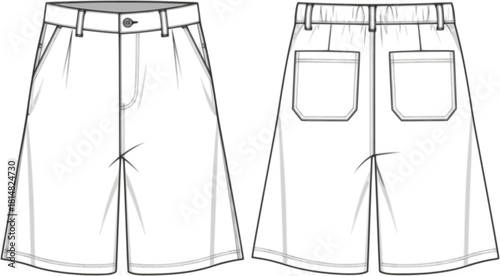 mens wide leg baggy bermuda shorts fashion flat sketch vector illustration technical cad drawing template
