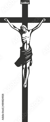 Stylized black silhouette vector illustration of a crucifixion scene featuring Jesus on the cross, suitable for religious art and design.