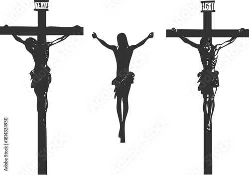 Silhouette vector illustration of three crosses representing the crucifixion, suitable for religious and spiritual contexts.