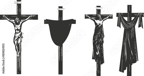 Black and white vector illustration of various crucifixion designs featuring crosses and Jesus, perfect for religious and spiritual themes