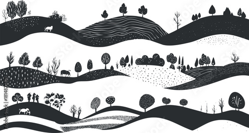 Stylized black and white vector illustration of rolling hills and trees, perfect for nature-themed design projects.