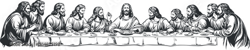 Detailed black and white vector illustration of the Last Supper featuring Jesus and his disciples, ideal for religious and cultural designs