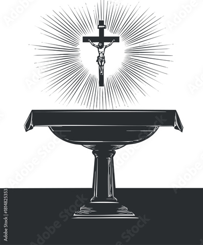 Black and white vector illustration of a crucifix with radiant light, symbolizing faith and spirituality for religious contexts.