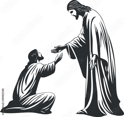 Silhouette vector illustration of Jesus reaching out to a kneeling figure, symbolizing faith and divine grace
