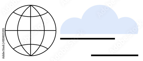 Globe with grid lines near a cloud and three horizontal lines representing data flow. Ideal for technology, networking, cloud storage, global reach, internet services, data transfer, communication