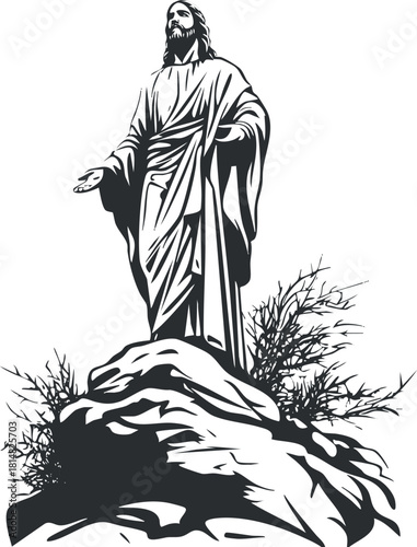 Detailed black and white vector illustration of Jesus standing on a rock, ideal for religious and spiritual design projects