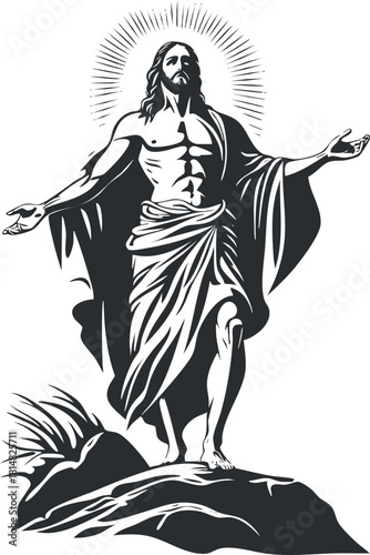 Silhouette vector illustration of Jesus Christ with arms outstretched on a rock, symbolizing faith and spirituality