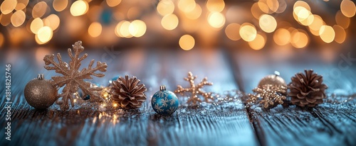 Cozy Winter Scene With Glowing Lights and Snowflakes on a Wooden Table