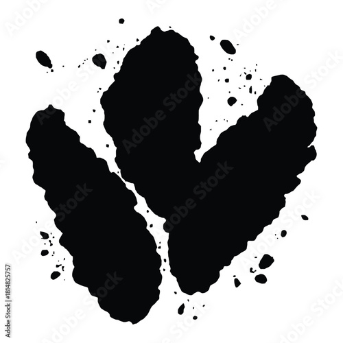 Black Ink Splatter Abstract Three Leaf Shape with Droplets blot blob