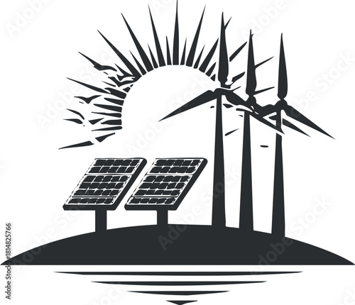 Stylized black and white vector illustration of solar panels and wind turbines with a rising sun for renewable energy concepts
