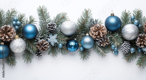 Festive Winter Decor With Blue Ornaments and Pinecones on Frosted Greenery Du...
