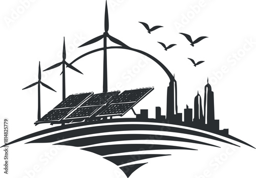 Stylized vector illustration of renewable energy featuring solar panels and wind turbines against an urban skyline, perfect for eco-friendly projects