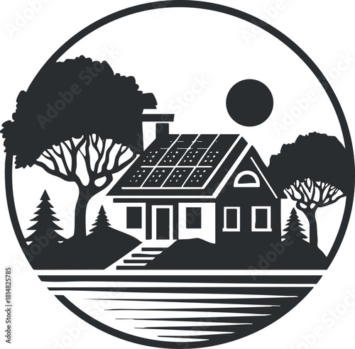 Modern black and white vector illustration of a solar-powered house with trees and a sun, ideal for eco-friendly design projects