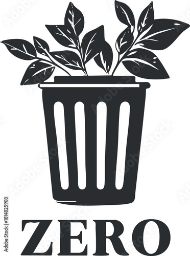 Stylish black and white vector illustration of a plant in a trash bin symbolizing zero waste and sustainability