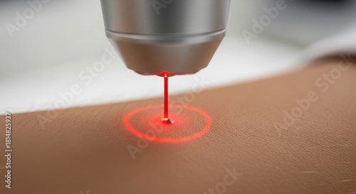 Robot-controlled hair removal system with a red laser light focusing on human skin. Modern robot beauty treatment with advanced laser technology.