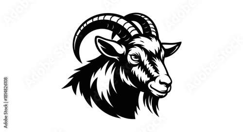 Majestic goat head illustration in black and white detailed artwork.