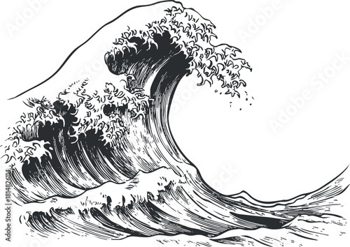 Detailed black and white vector illustration of a powerful ocean wave, ideal for artistic and design projects.