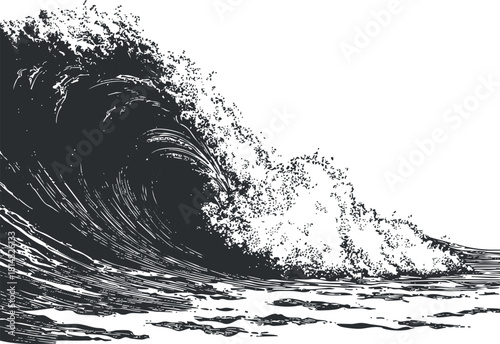 Detailed black and white vector illustration of a powerful ocean wave, perfect for marine-themed design projects.
