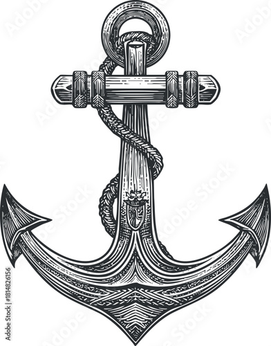 Vintage black and white vector illustration of a nautical anchor design with rope details for marine-themed projects