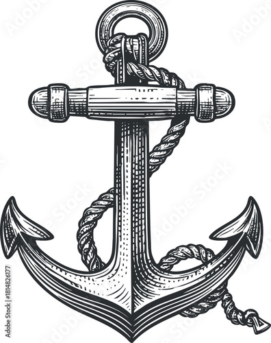 Vintage black and white vector illustration of a nautical anchor with rope design for marine-themed projects