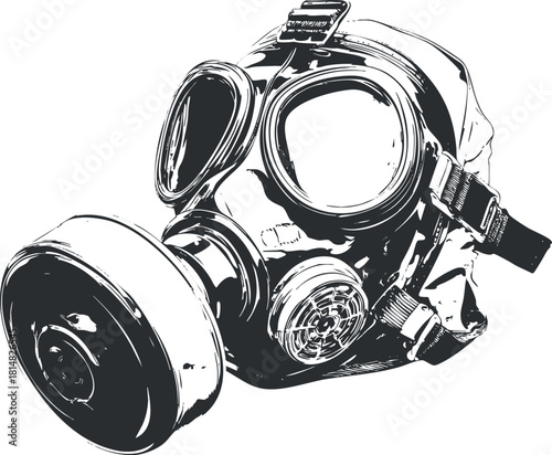 Detailed black and white vector illustration of a gas mask, ideal for safety and emergency preparedness designs.