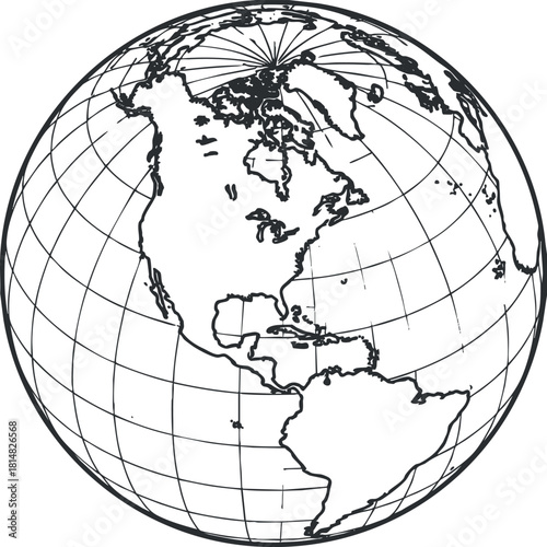 Outline vector illustration of a globe showing the Americas and geographical features for educational and design purposes