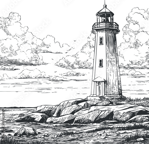 Detailed black and white vector illustration of a lighthouse by the sea, perfect for nautical-themed designs and artworks