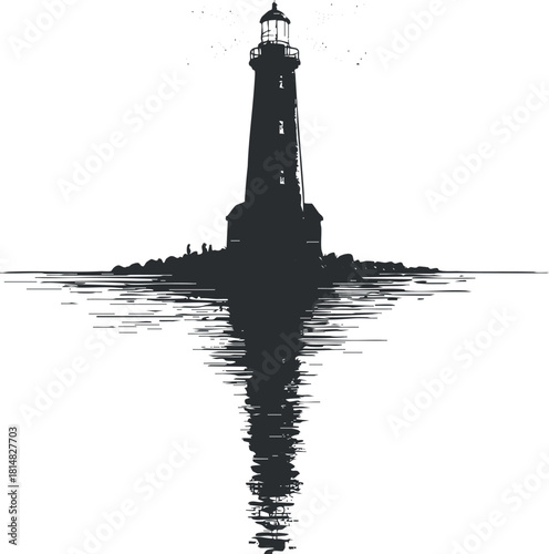 Minimalist black and white vector illustration of a lighthouse with reflection on water for nautical themes and design projects
