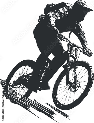 Dynamic silhouette vector illustration of a mountain biker in motion, perfect for sports and fitness projects.