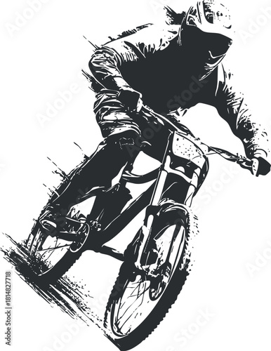 Dynamic black and white vector illustration of a mountain biker in action, ideal for sports branding and promotional materials