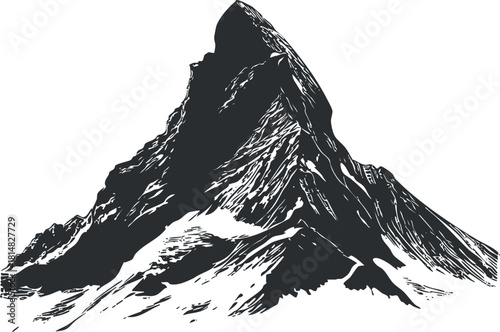 Stylized black and white vector illustration of a majestic mountain peak, ideal for outdoor and adventure-themed design projects