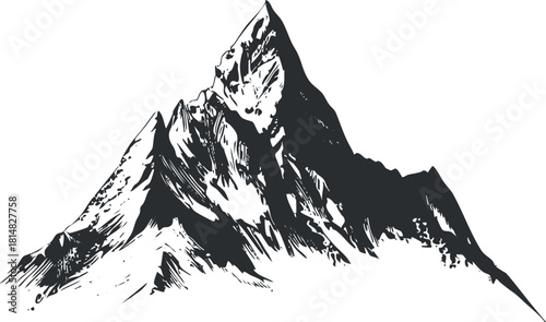 Stylized black and white vector illustration of a rugged mountain peak for outdoor and adventure themes