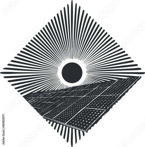 Abstract black and white vector illustration of a solar panel with sun rays, symbolizing renewable energy and sustainability concepts