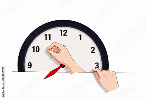 Illustration of Hands Adjusting the Time on a Large Clock, Signifying Daylight Saving Time and the Concept of Time Management in Everyday Life
