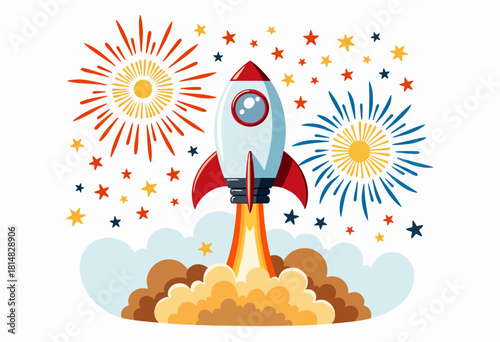 Illustration of a Bright Rocket Launch with Colorful Fireworks and Stars in the Background Celebrating a Joyful Space Exploration Theme