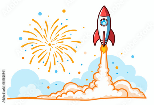 Colorful Cartoon Rocket Launch with Vibrant Fireworks and Puffy White Clouds in a Clear Blue Sky Illustrating Exciting Space Exploration Adventure