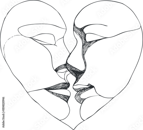 Stylized minimalist line art illustration of two human faces kissing, forming a heart shape, perfect for romantic themes