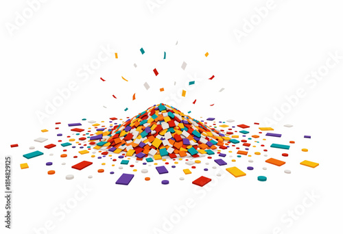 Vibrant Multicolored Pile of Diverse Geometric Shapes Scattered in Dynamic Explosion Against White Background Illustrating Creative Energy and Imagination
