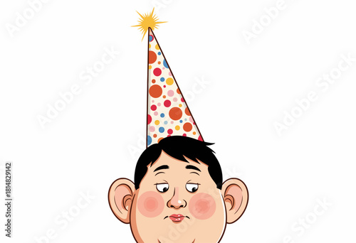 Illustration of a Child Wearing a Colorful Polka Dot Party Hat with a Star on Top Against a Simple Background